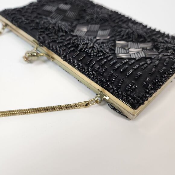 VTG Black Small Beaded Purse Womens Handbag 1920s Flapper‎ Gir Made In Hong Kong - Picture 16 of 16
